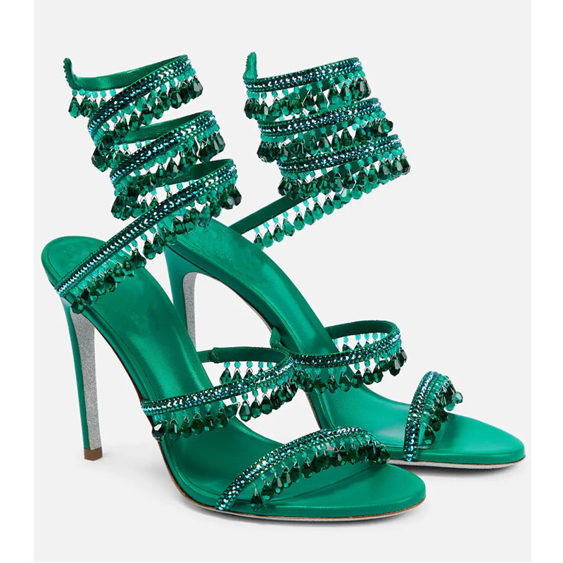 Ankle Strap Heels - Sandal Stiletto Pinggiran Kristal Hijau Seksi