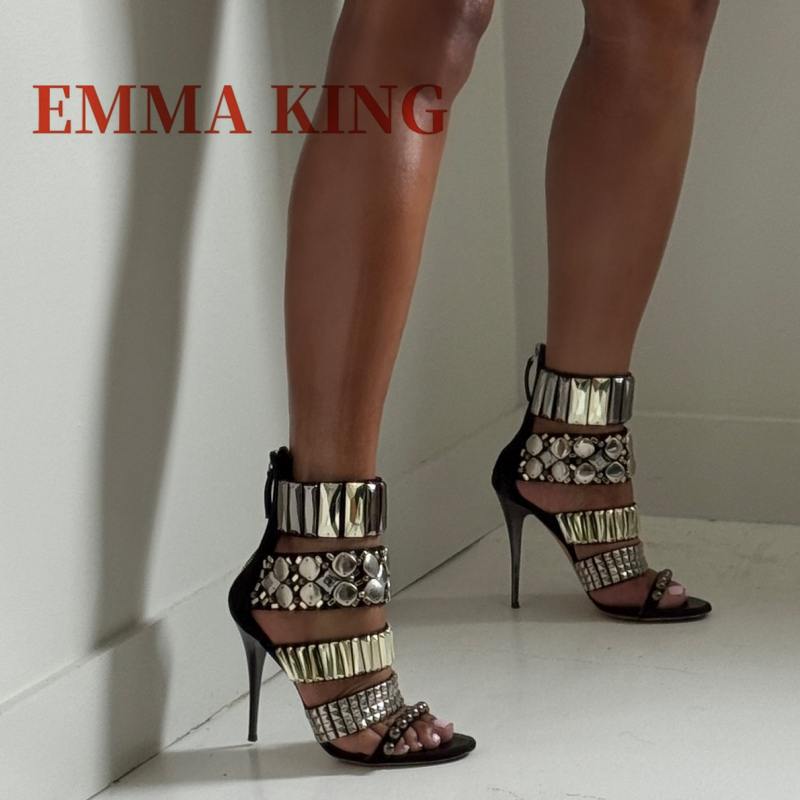 Rhinestone Sandal Women - Sandal Tali Pergelangan Kaki Berhias Hitam