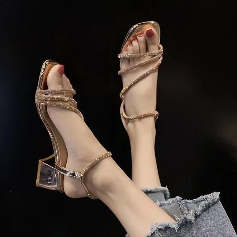Rhinestone Sandal Women - Sandal Hak Tebal Berhias Rhinestone Gaya