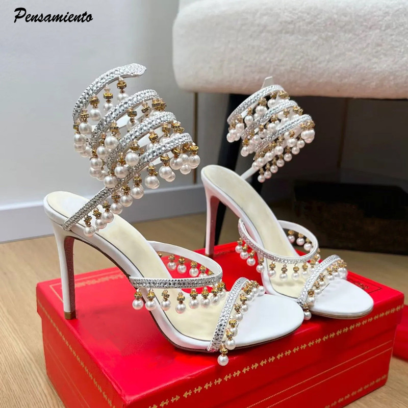 Rhinestone Sandal Women - Sandal Gladiator Wanita Mewah Berhias Mutiara