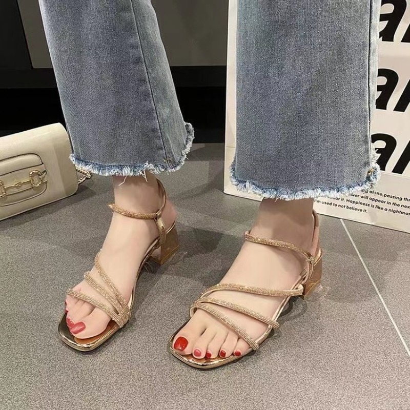 Sandal Hak Tebal Berhias Rhine - Rhinestone Sandal Women ulasan dan harga